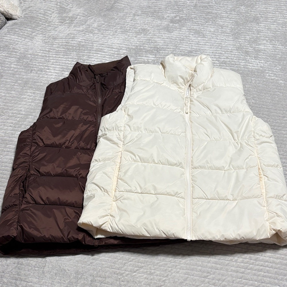 GAP Brown Quilted Puffer Vest with Sherpa Collar and White Quilted Puffer Vest